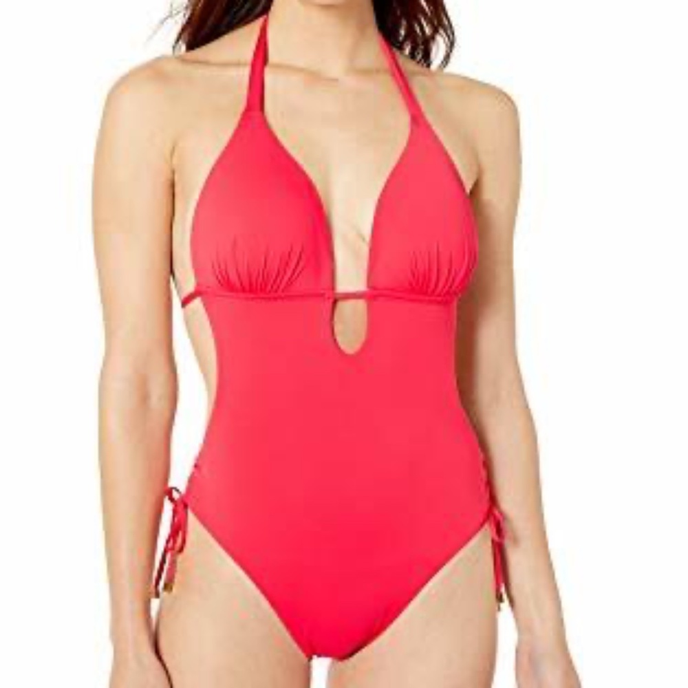 Bar III One-Piece Swimsuit – Halter Plunge Cutout – Size Small‎ - Coral